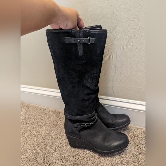 UGG Shoes - UGG Black Suede Knee-High Wedge Boots